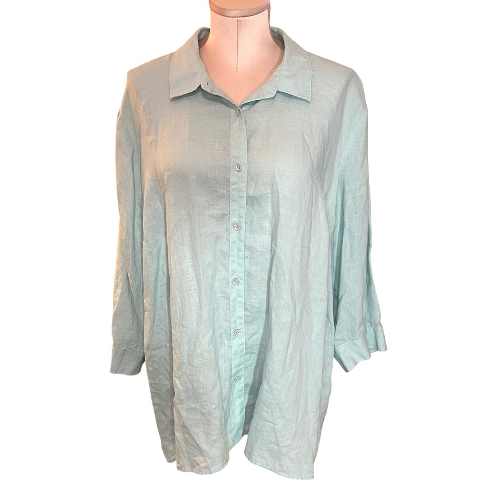 Coldwater Creek Womens 2X Turquoise 100% Linen Button Down Shirt Long‎ Sleeve